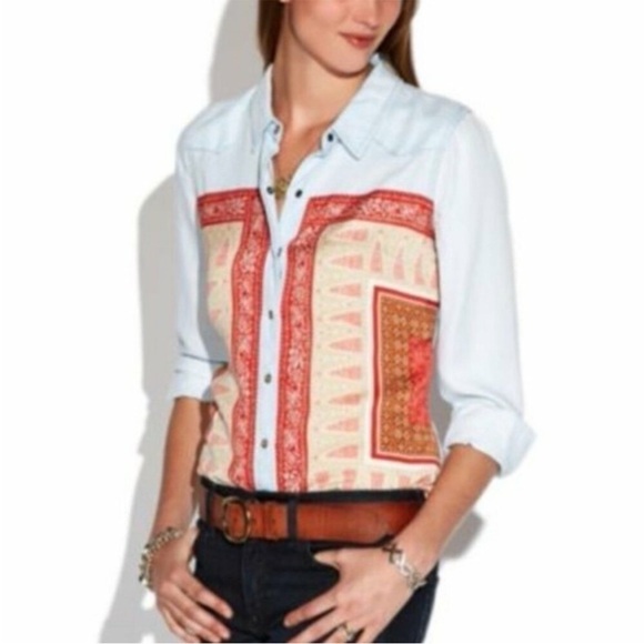 Lucky Brand Dixie Scarf Bandana Print Western Yoke Chambray Blouse w Snaps - Picture 13 of 13